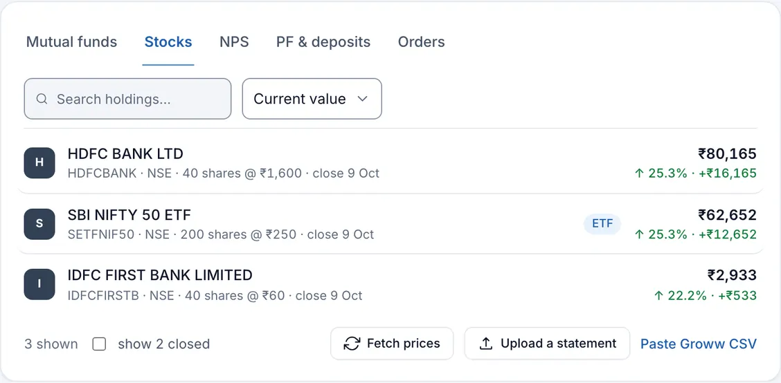 The stock holdings list: two shares and an ETF, each with its exchange, the number of shares, the date of its latest close, its current value and its gain, filled with sample figures.