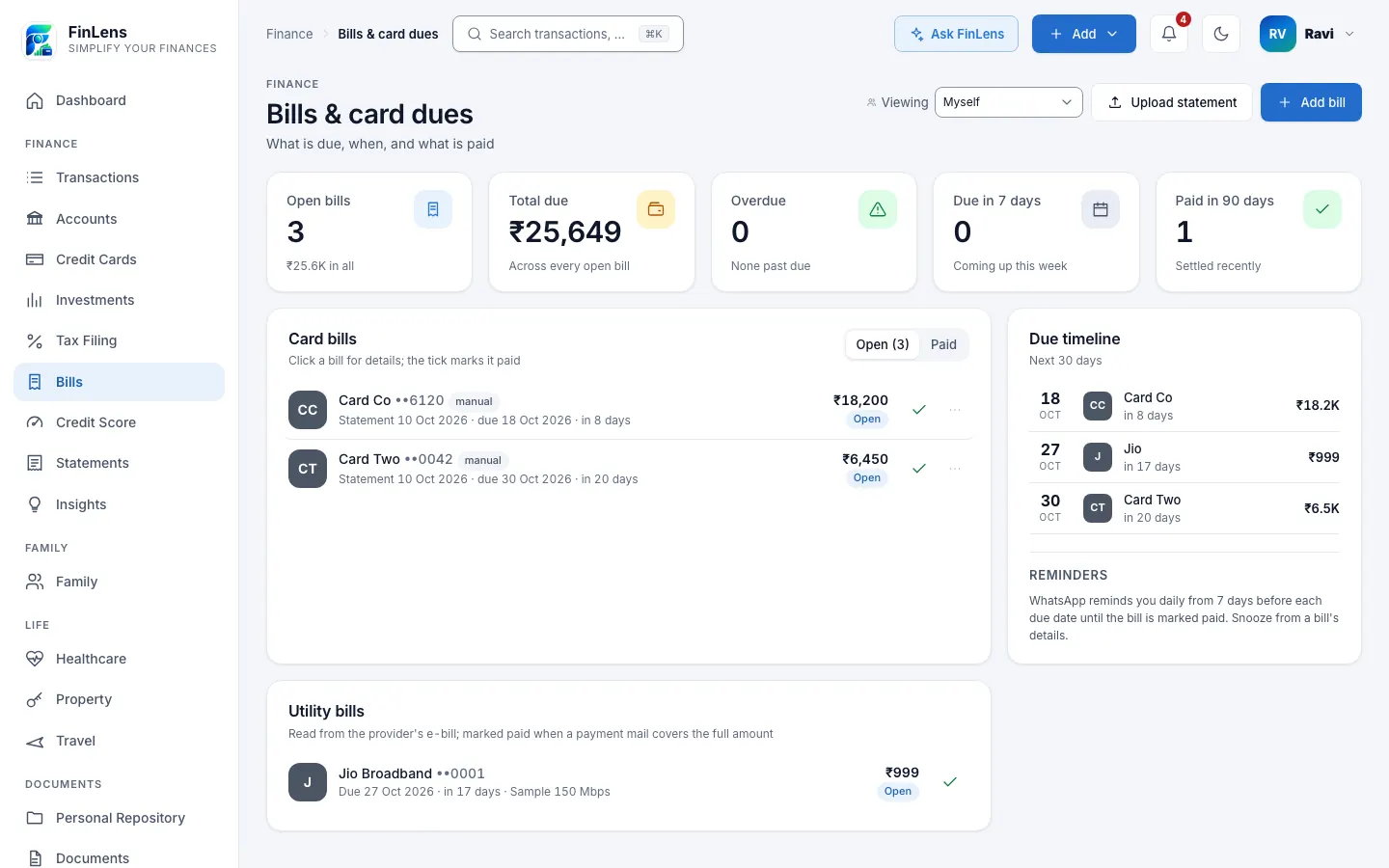 The Bills and card dues page: open bills, total due, overdue and due within seven days, the card bills with their due dates, a due timeline and a utility bill, filled with sample figures.