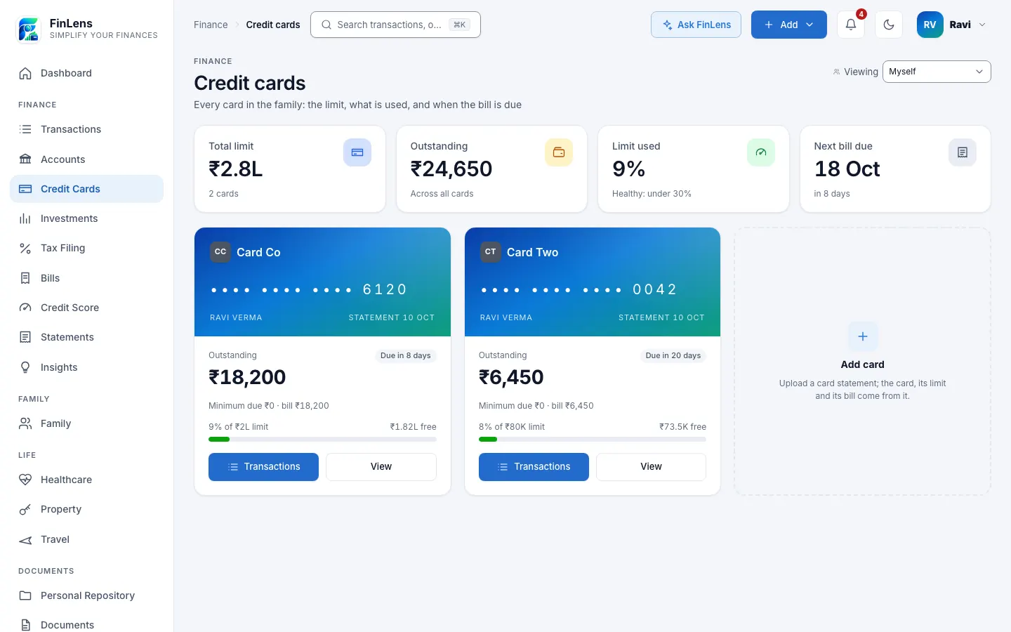 The Credit cards page: total limit, outstanding, limit used and the next due date, and a tile for each card with its outstanding amount, minimum due and limit, filled with sample figures.